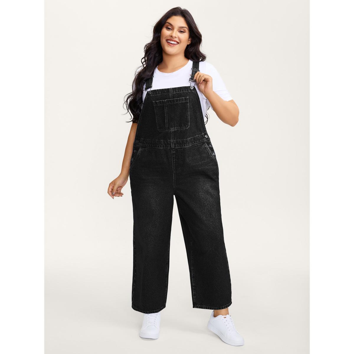 Plus Size Cotton Relaxed-Fit Side Button Overall Denim Jumpsuit Denimblack Women No stretch Casual Slanted pocket Leisure Denim Jumpsuits BloomChic 22/3X Product Image