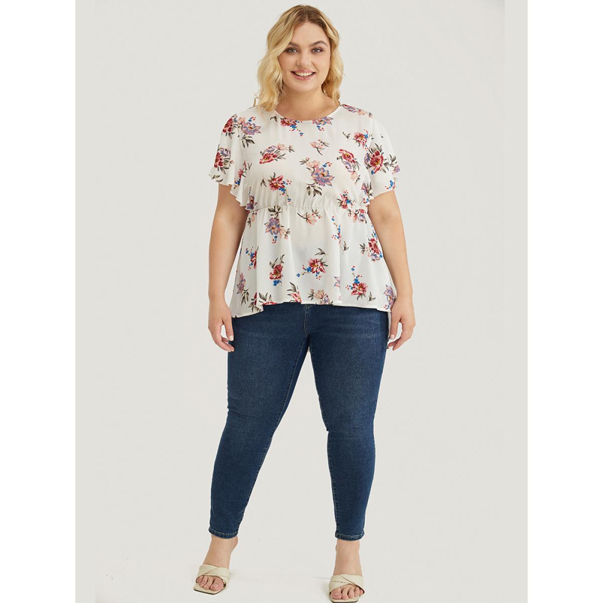Plus Size White Floral Print Round Neck Ruffles High Low Hem Blouse Women Elegant Short sleeve Round Neck Dailywear Blouses BloomChic 10/M Product Image
