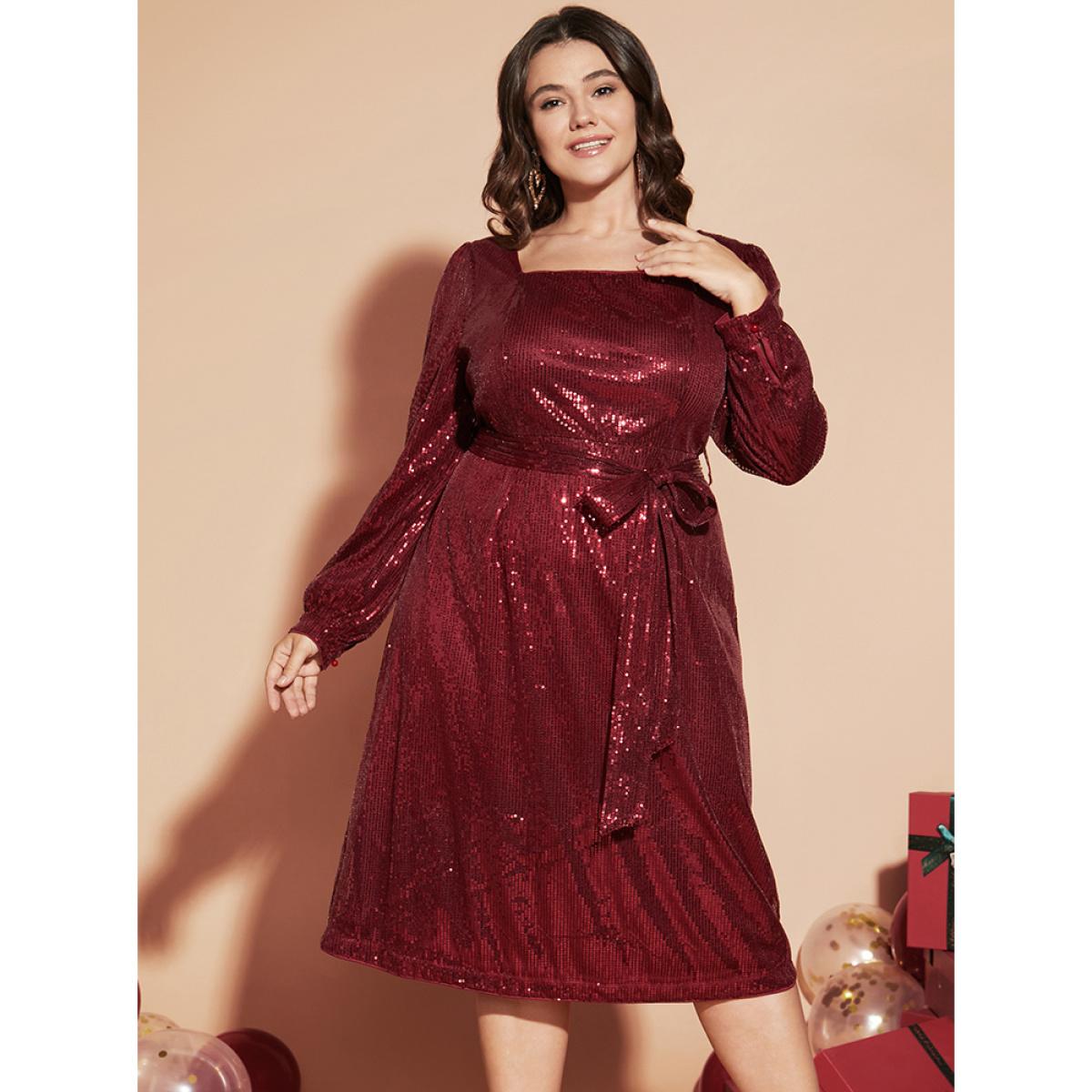 Plus Size Solid Square Neck Lantern Sleeve Belted Sequin Dress Burgundy Women Party Cross straps Square Neck Long Sleeve Curvy Midi Dress BloomChic 26/4X Product Image