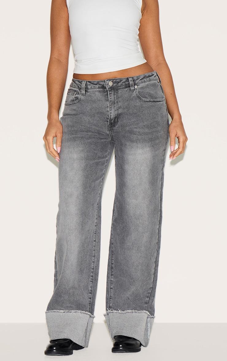  Shape Grey Stretch Denim Highwaisted Distressed Turn Up Hem Jeans Product Image