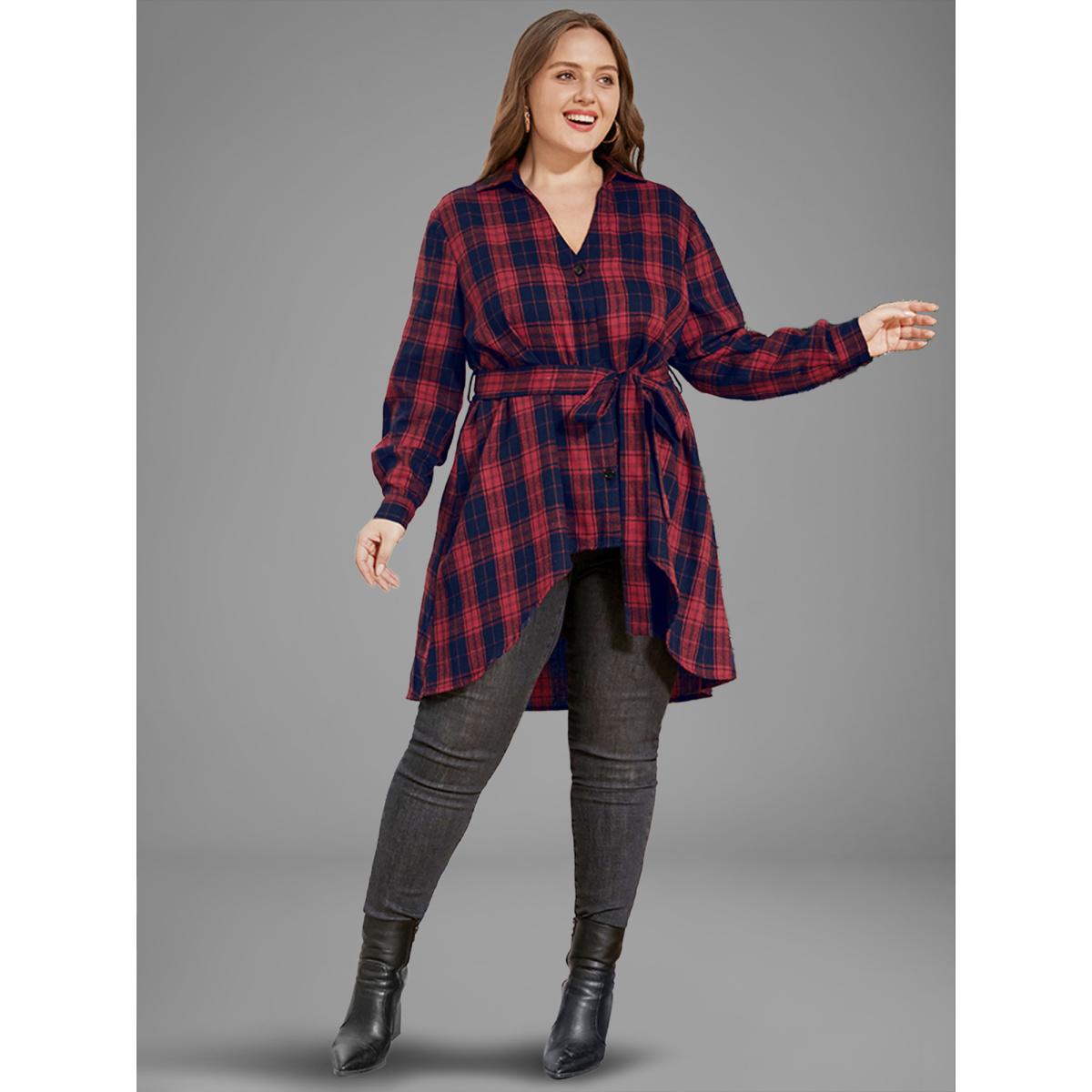 Plus Size Red Plaid Button Up Asymmetrical Hem Belted Blouse Women Elegant Long Sleeve V-neck Dailywear Blouses BloomChic 18-20/2X Product Image