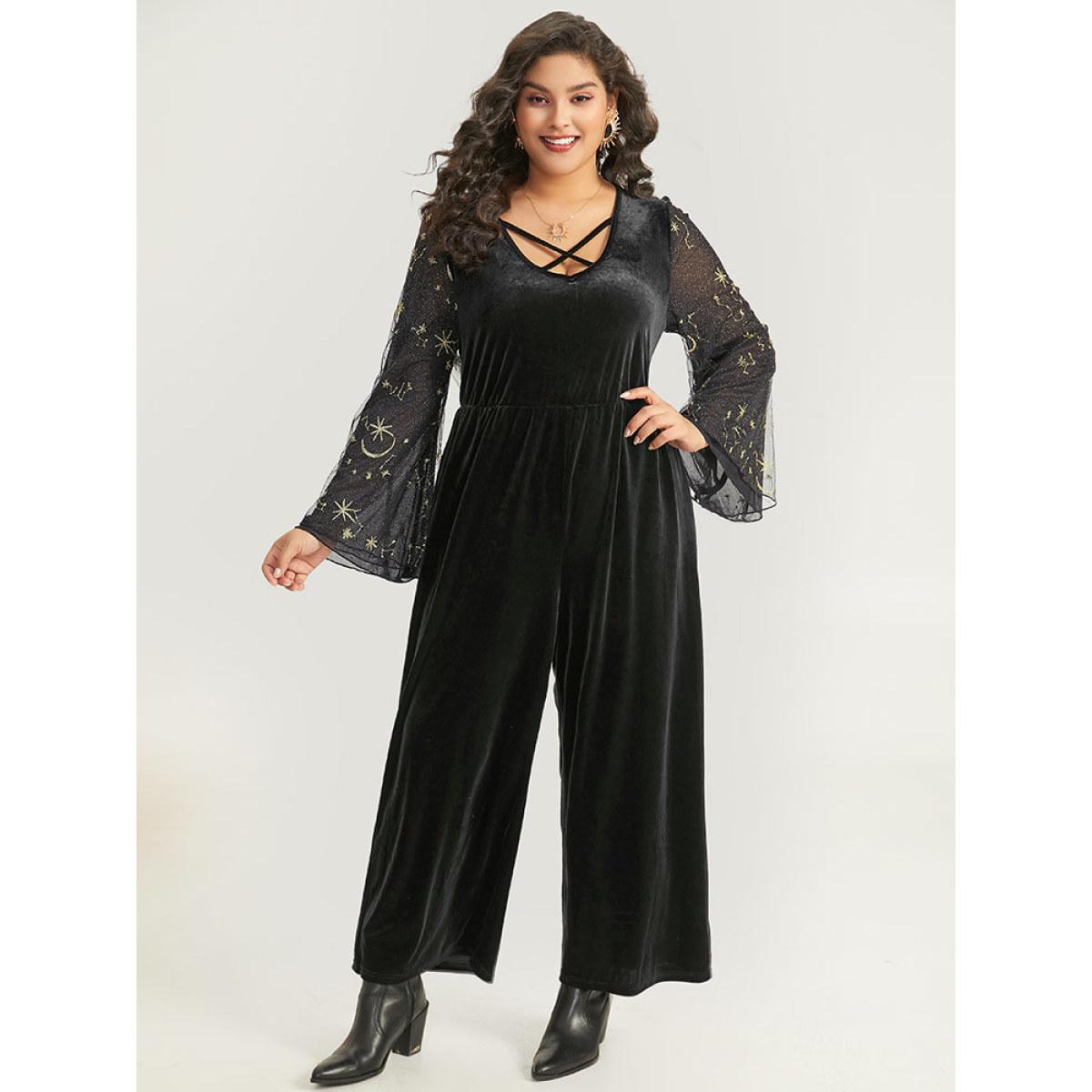 Plus Size Black Halloween Moon & Star Glitter Mesh Crisscross Neck Jumpsuit Women Elegant Long Sleeve Square Neck Festival-Halloween Loose Jumpsuits BloomChic 14-16/1X Product Image
