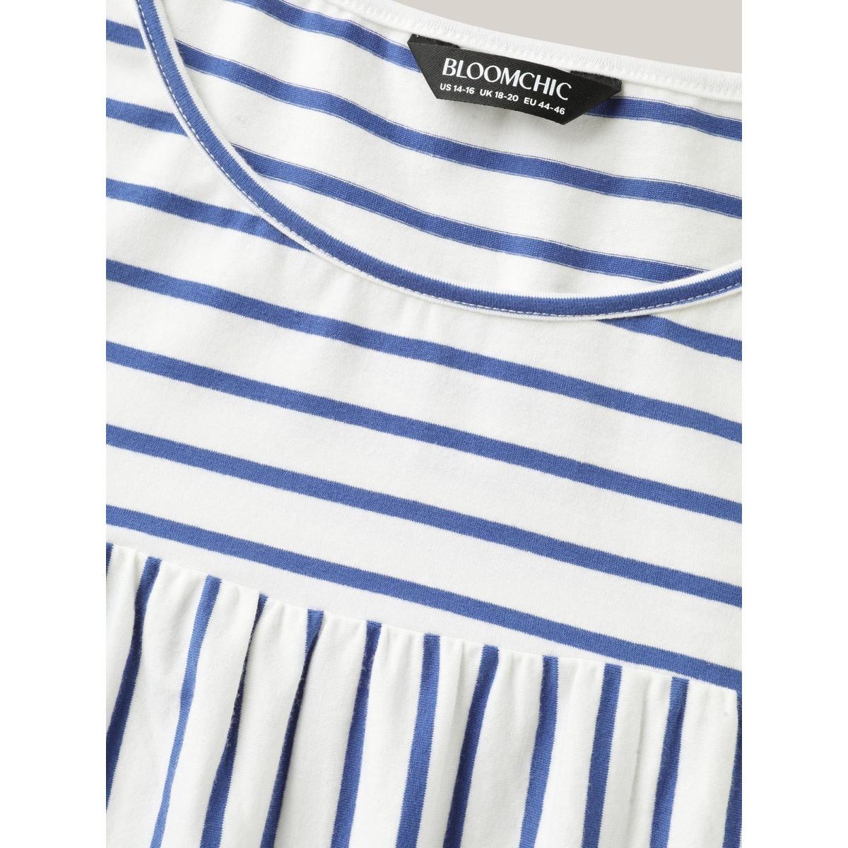 Plus Size Stripes Everywhere Round Neck T-Shirt DarkBlue Women Gathered Round Neck Everyday-Casual T-shirts BloomChic 28/5X Product Image