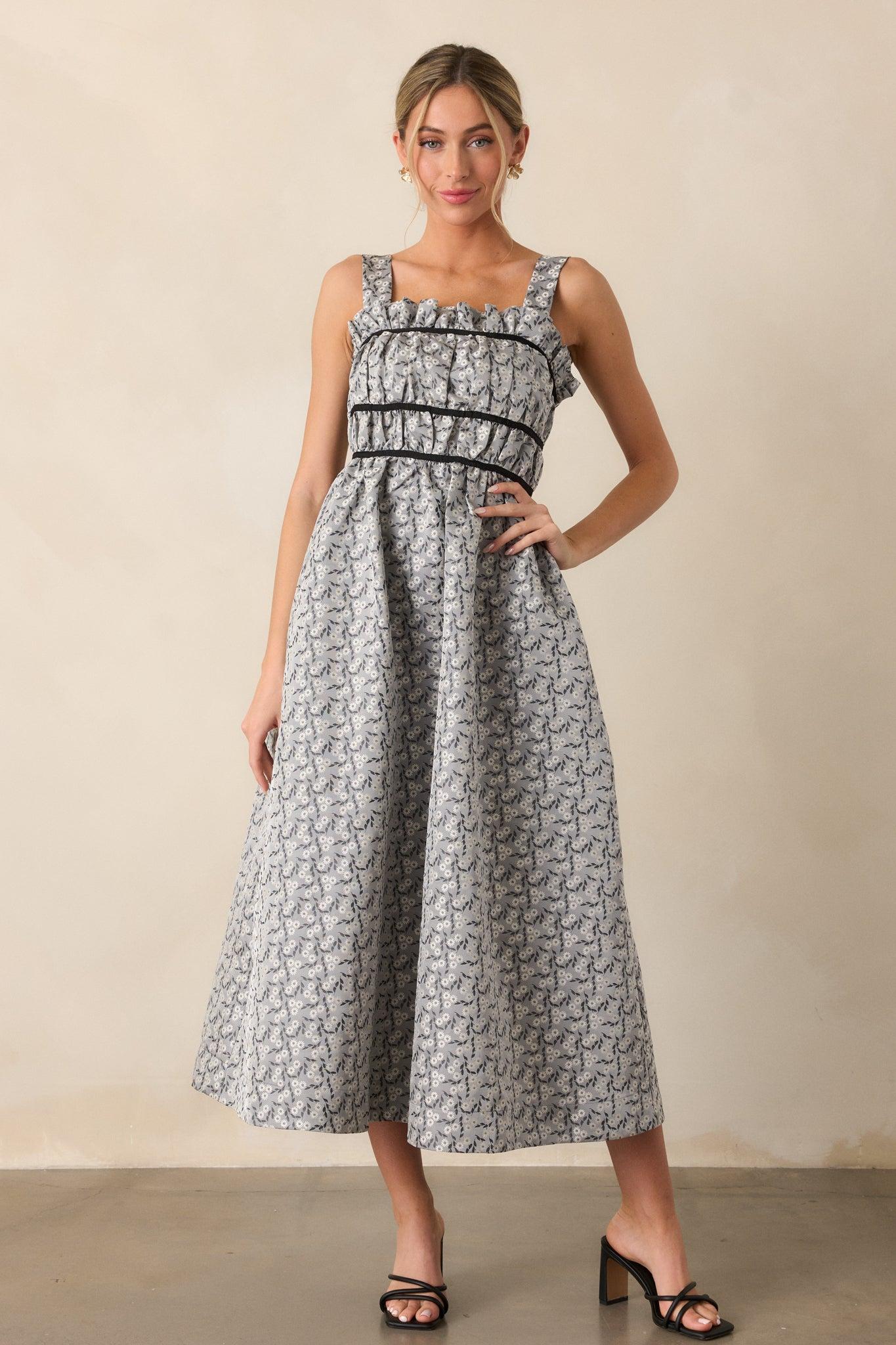 Moment In Time Light Grey Floral Midi Dress Product Image