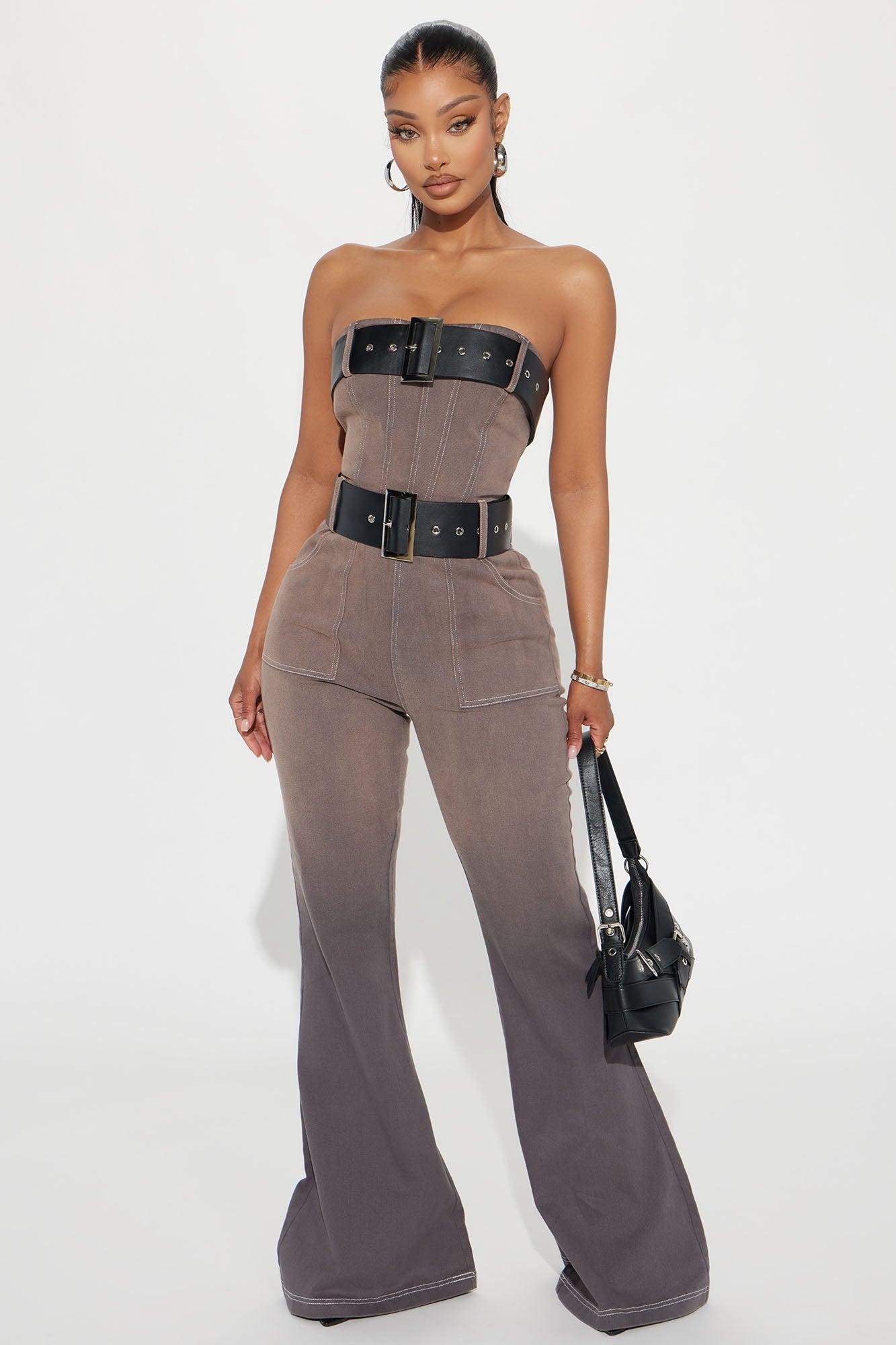 Stay With Me Belted Denim Jumpsuit - Charcoal Product Image