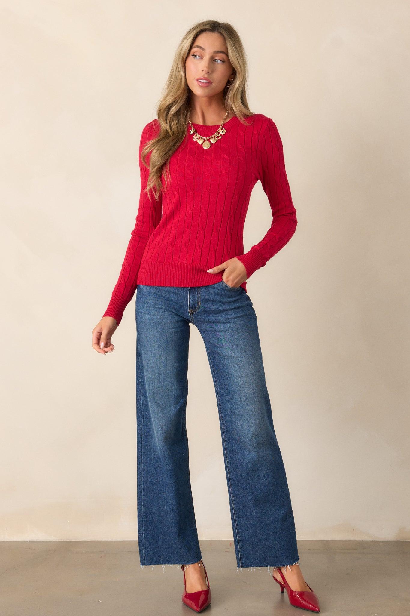Softly Spoken Red Cable Knit Sweater Product Image