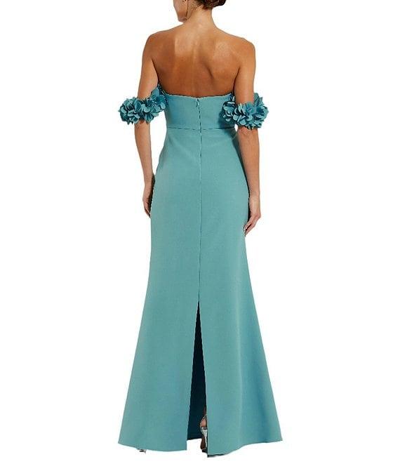 Mac Duggal Crepe Off-The-Shoulder Neck Draped Sleeve 3D Flower Gown Product Image