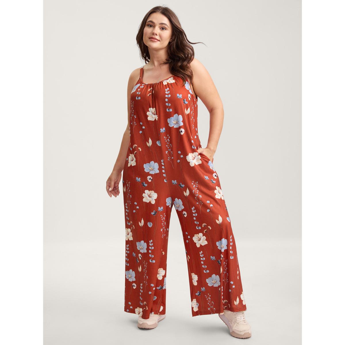 Plus Size Rust Stretchy Lined Floral Print Cami Jumpsuit Women Leisure Sleeveless V-neck Casual Loose Jumpsuits BloomChic 26/4X Product Image