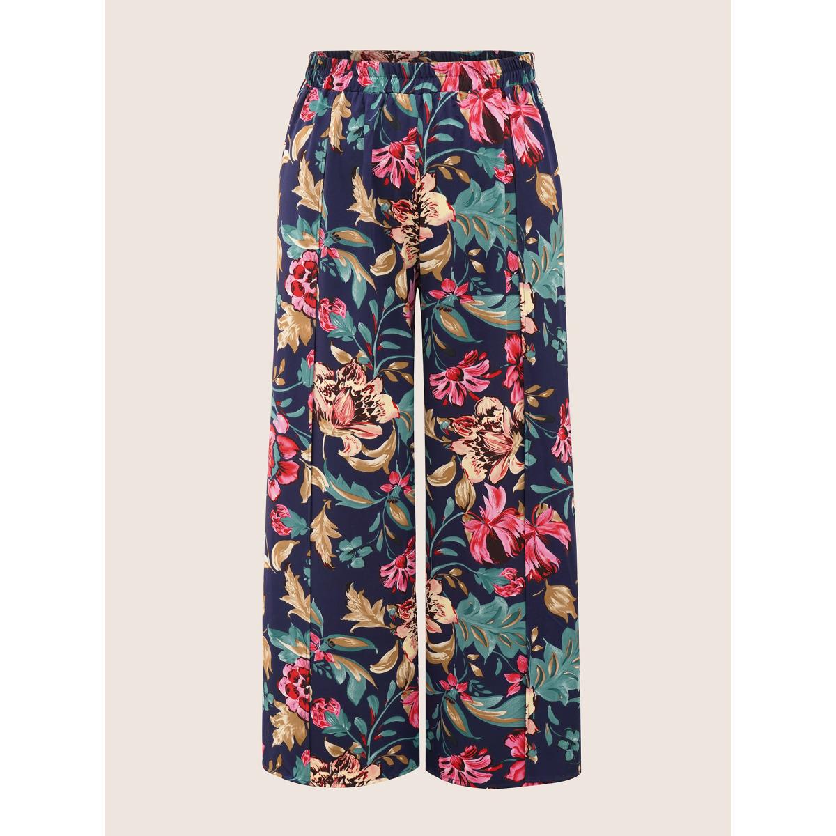 Plus Size Floral Elastic Waist Split Hem Wide Leg Pants Women Indigo Resort Wide Leg High Rise Vacation Pants BloomChic 26/4X Product Image