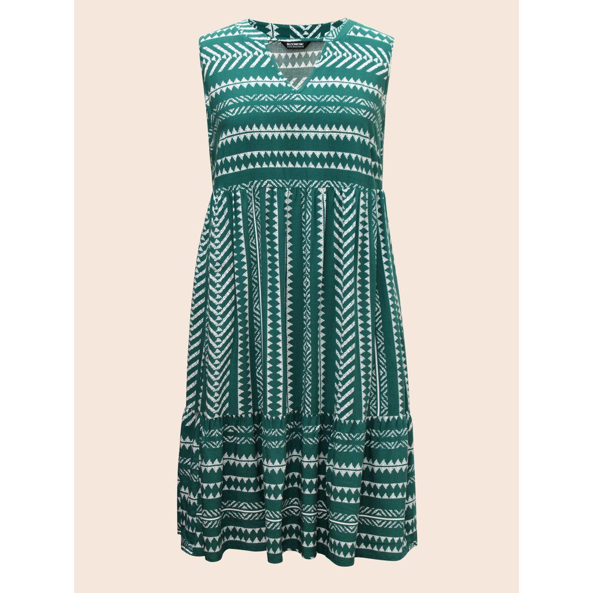 Plus Size Striped Geometric Pocket Ruffle Hem Sleeveless Tank Dress DarkGreen Women Casual Non V-neck Sleeveless Curvy BloomChic 26/4X Product Image