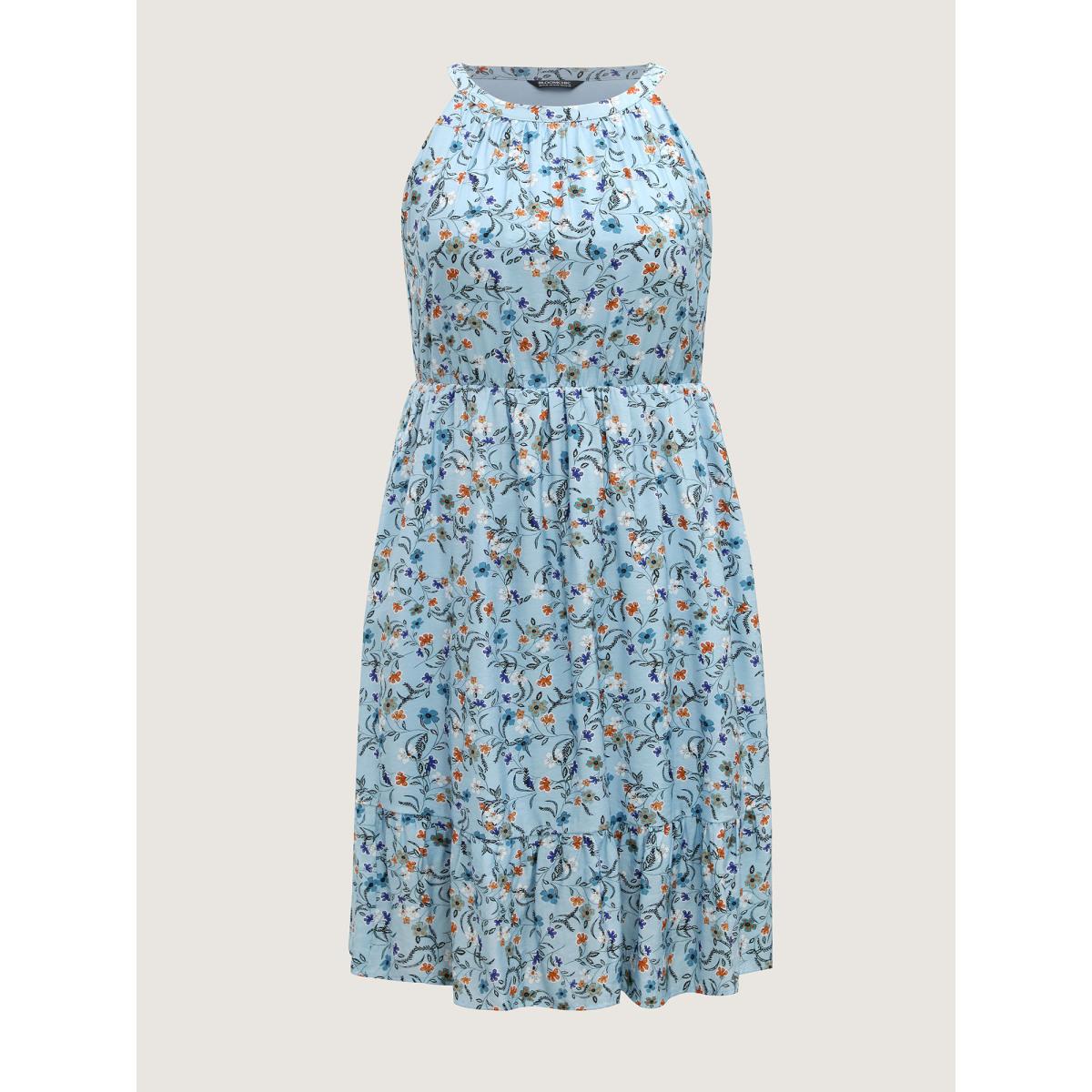 Plus Size Floral Print Halter Neck Tiered Midi Dress Stone Women Halter neck Sleeveless Curvy BloomChic 22-24/3X Product Image