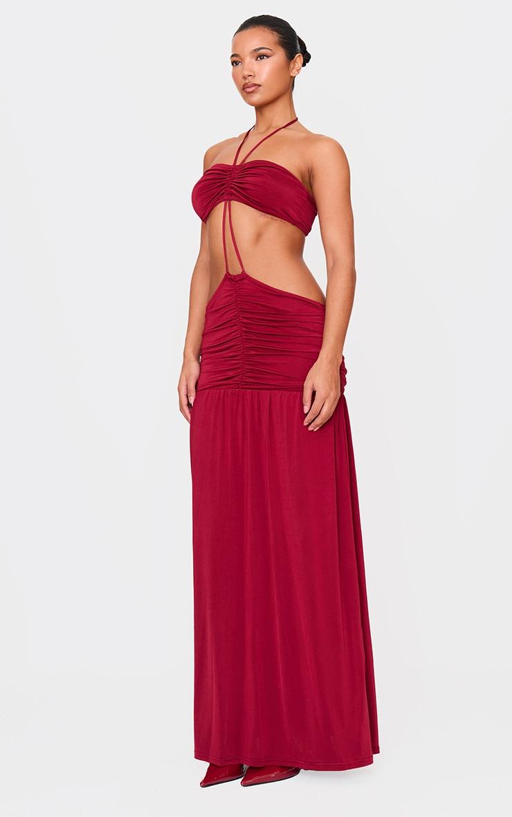 Burgundy Double Layer Slinky Tie Neck Cut Out Maxi Dress Product Image