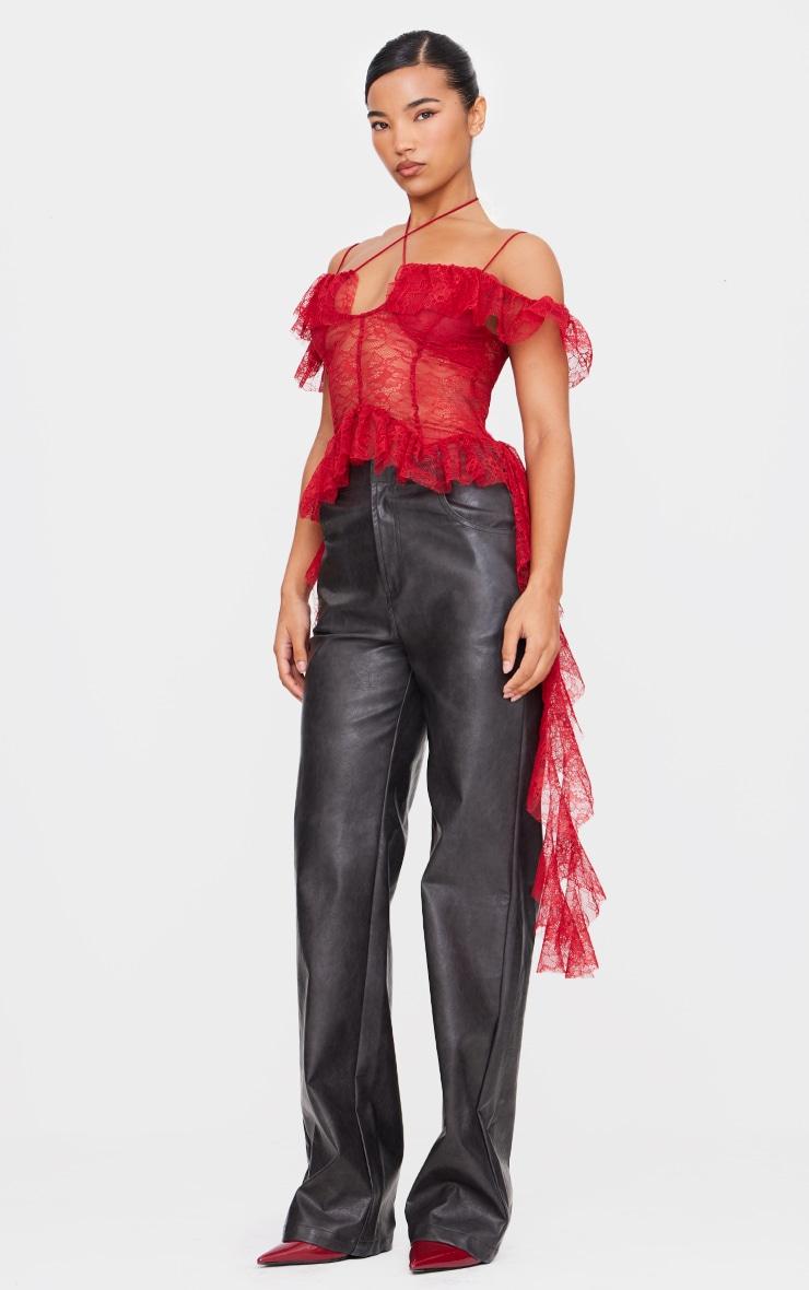 Wine Lace Ruffle Halterneck Long Top Product Image