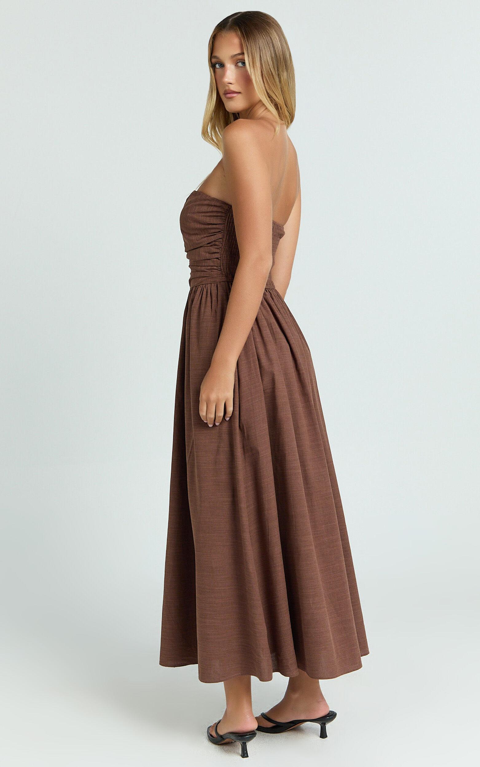 Polly Midi Dress - Strapless Ruched Dress in Chocolate Product Image
