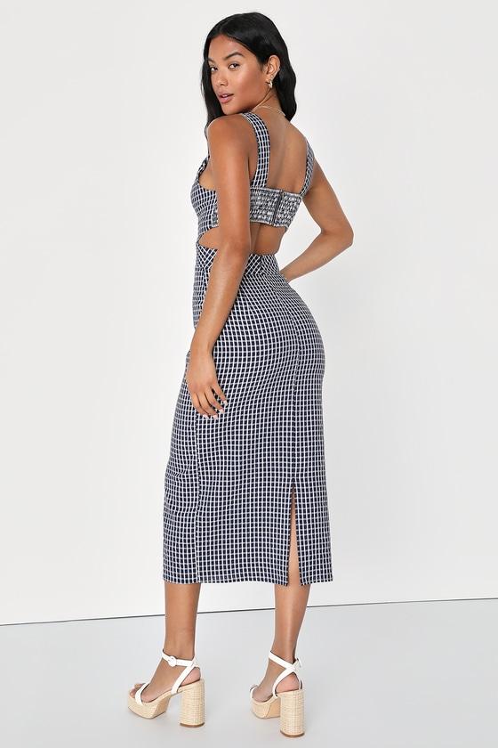 Charming Inspiration Navy Blue Gingham Backless Midi Dress Product Image