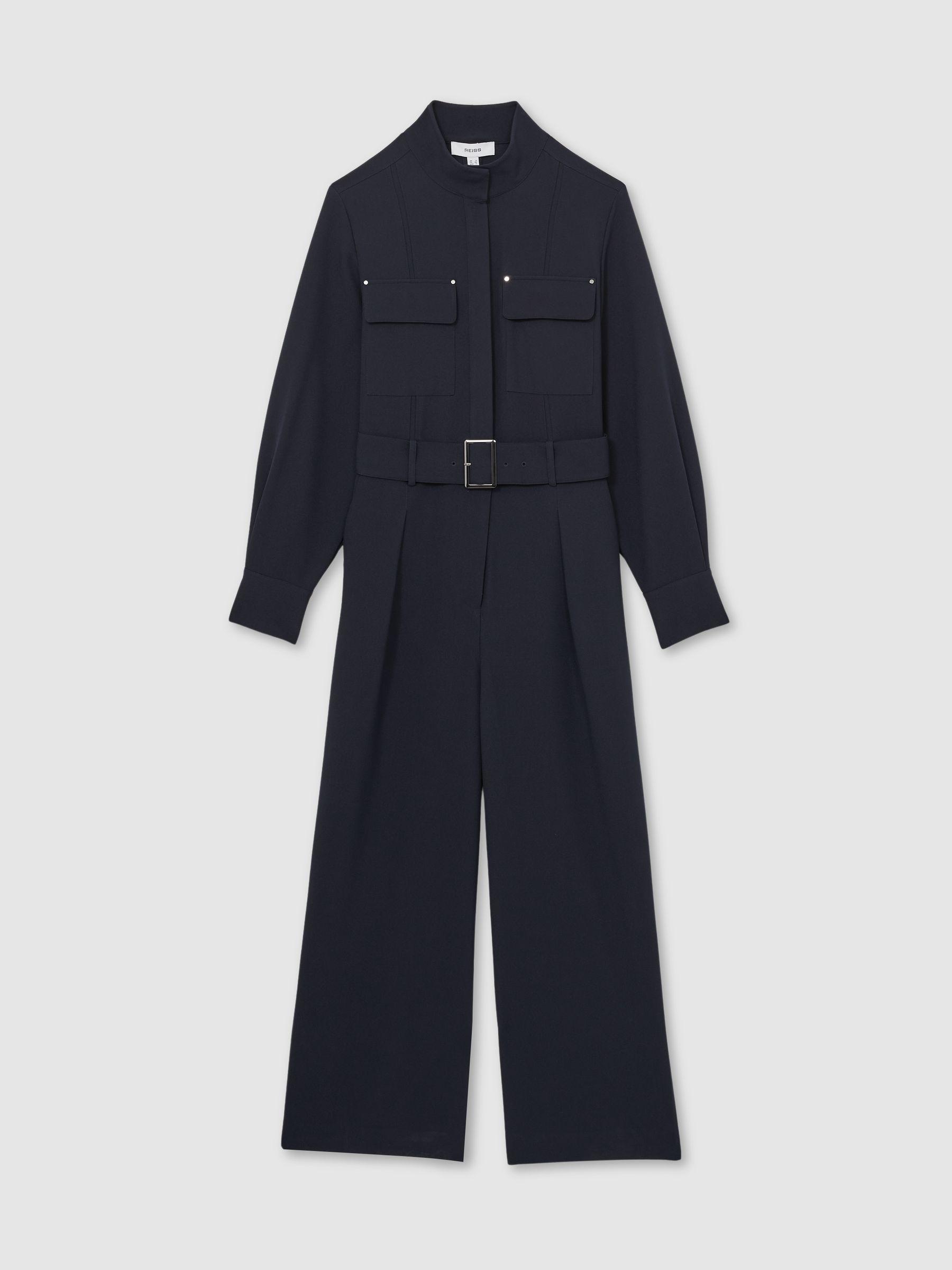 Tailored Wide Leg Utility Jumpsuit in Navy Product Image