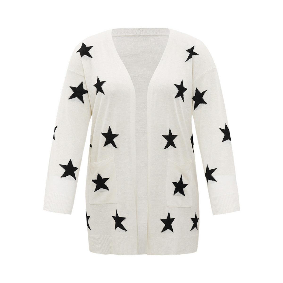 Plus Size Supersoft Essentials Star Print Pocket Open Front Cardigan Beige Women Casual Loose Long Sleeve Dailywear Cardigans BloomChic 22-24/3X Product Image