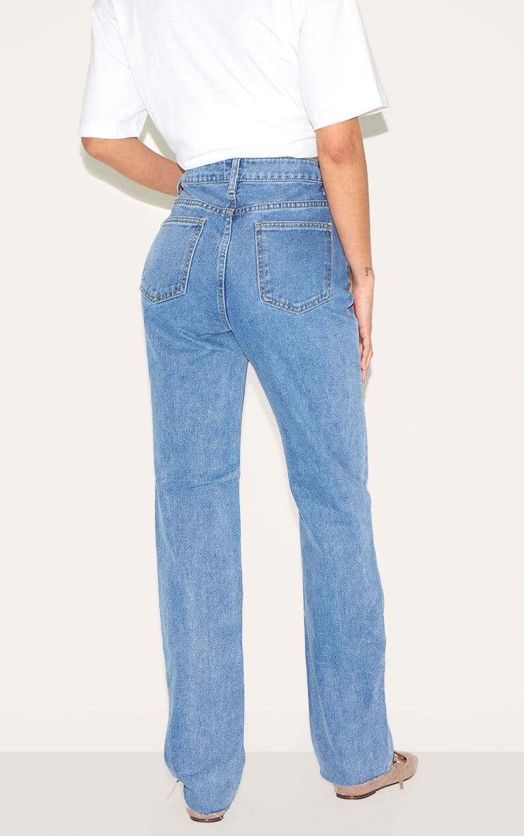 Mid Blue Wash Raw Hem Straight Leg Jean Product Image