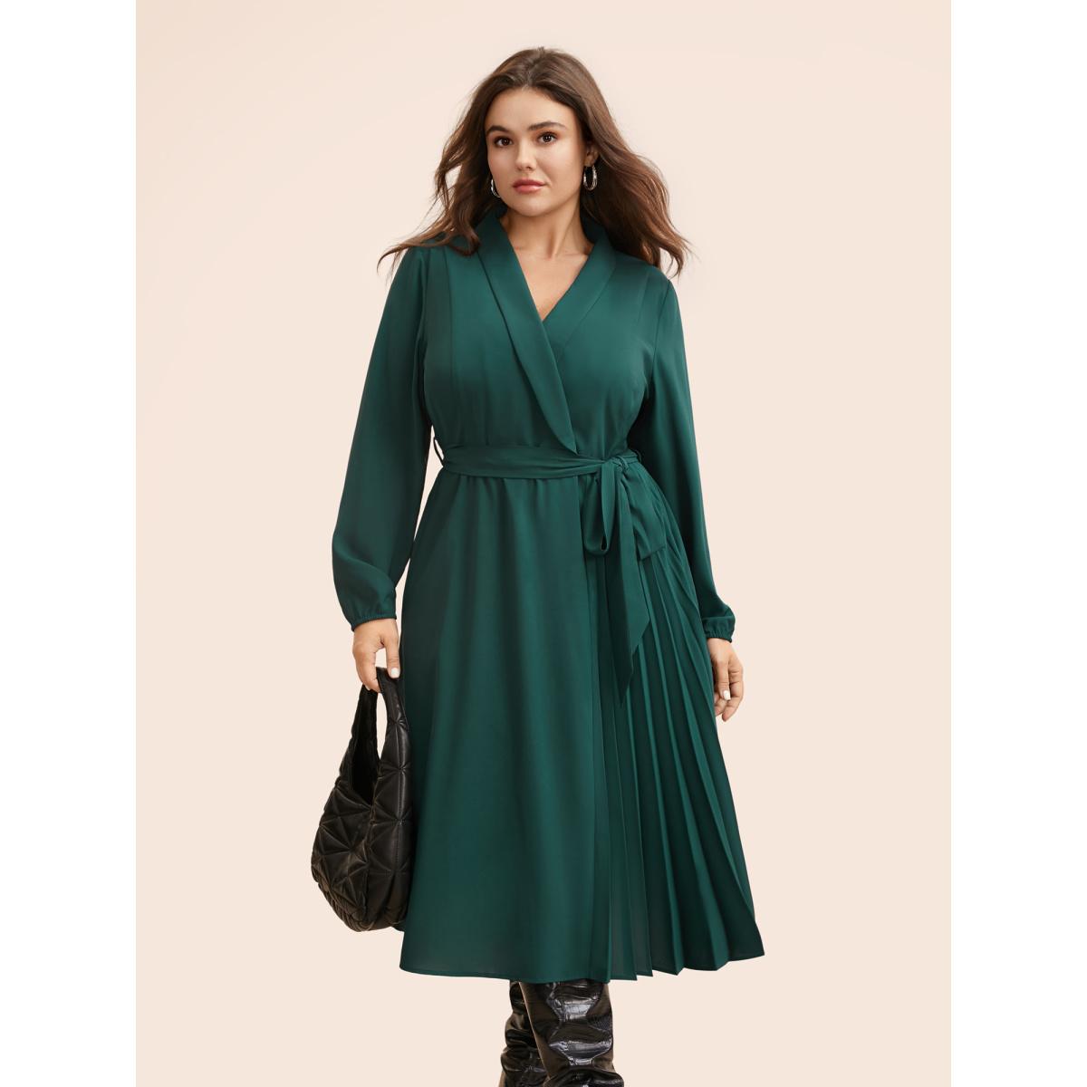 Plus Size Suit Collar Pleated Belted Midi Dress DarkGreen Women At the Office Belted Suit Collar Long Sleeve Curvy BloomChic 12/L Product Image