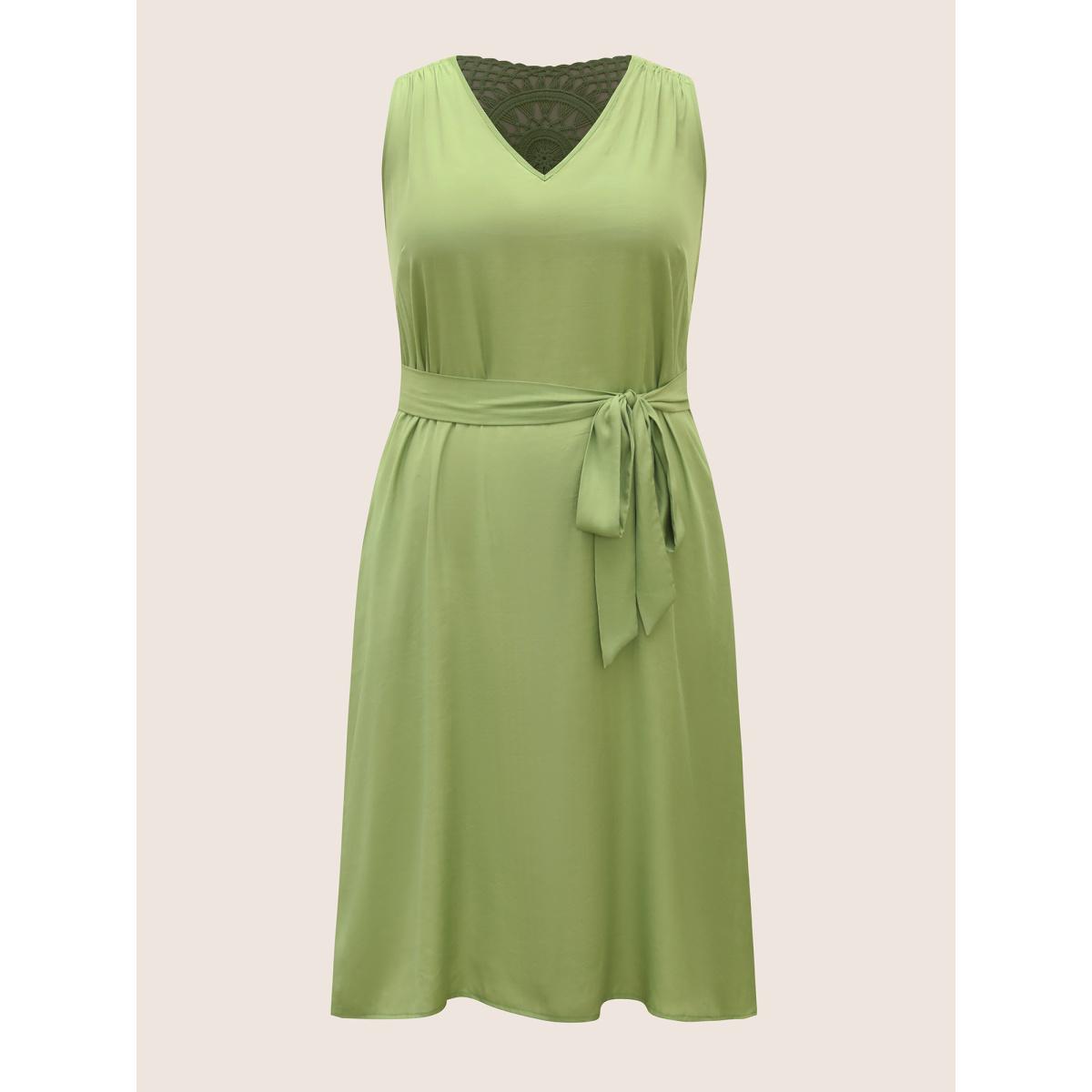 Plus Size Solid Back Cut Out Belted Dress Palemauve Women Resort Belted V-neck Sleeveless Curvy BloomChic 12/L Product Image