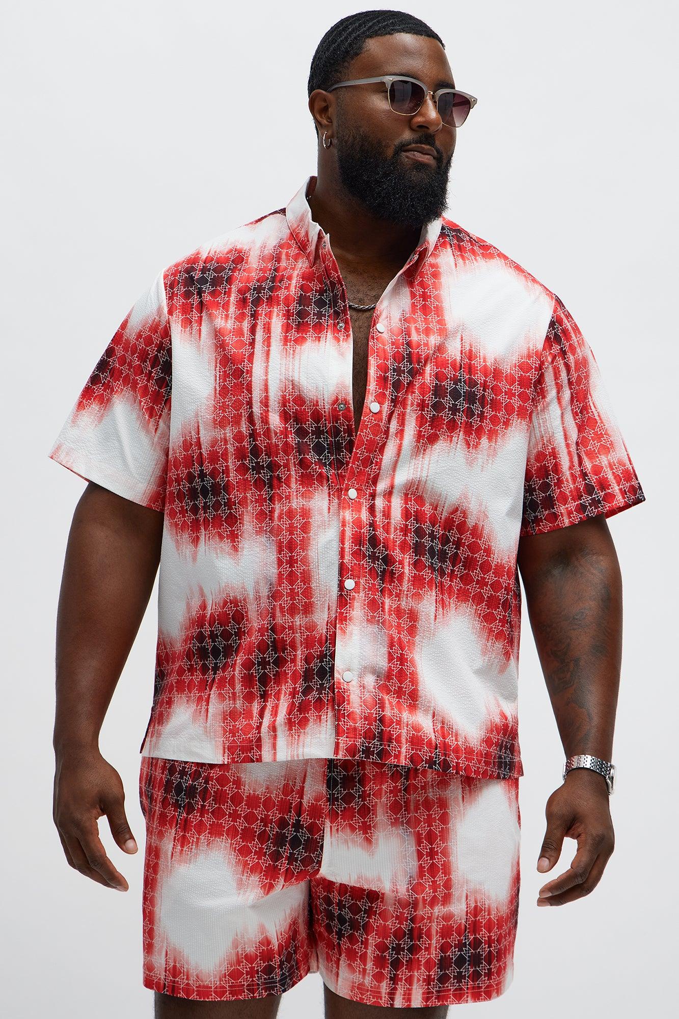 Seersucker Tie Dye Printed Closed Collar Shirt - Red/combo Male Product Image