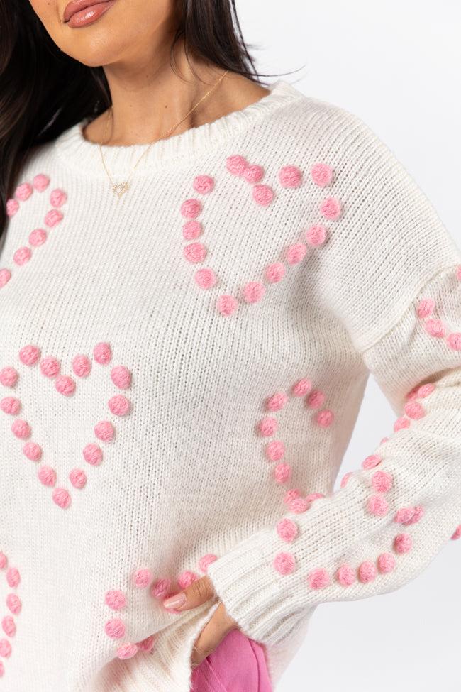 Adore You Ivory and Pink Oversized Heart Pom Sweater FINAL SALE Product Image