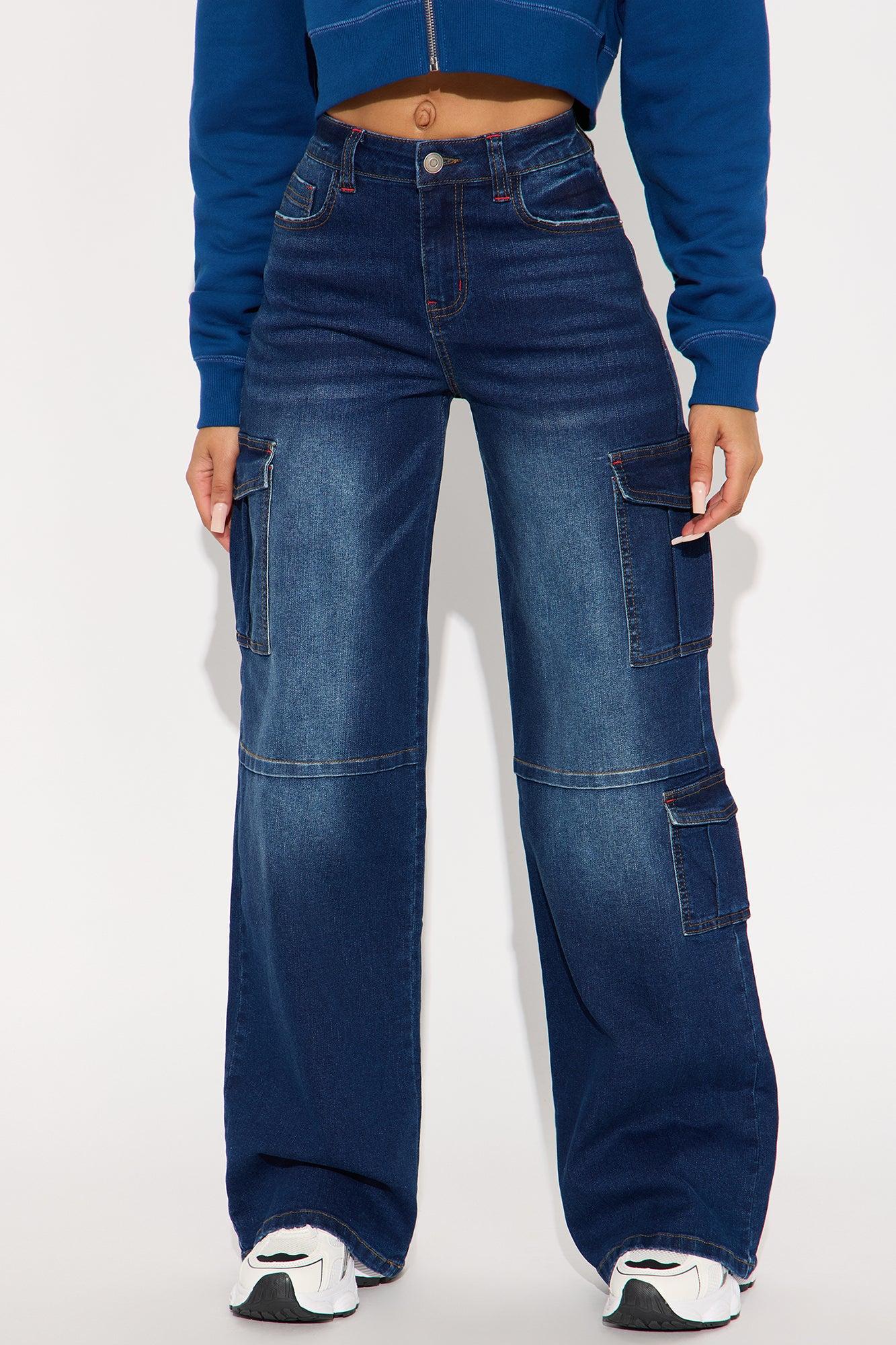 In The Bleachers Cargo Wide Leg Jeans - Dark Wash Female Product Image