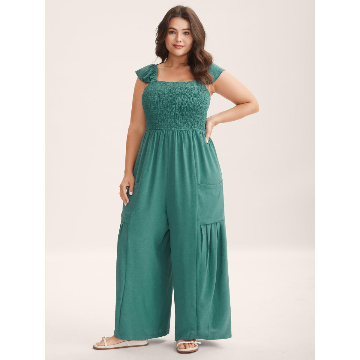 Plus Size Emerald Shirred Ruffles Pockets Plain Jumpsuit Women Sleeveless Non Everyday-Casual Loose Jumpsuits BloomChic 18-20/2X Product Image