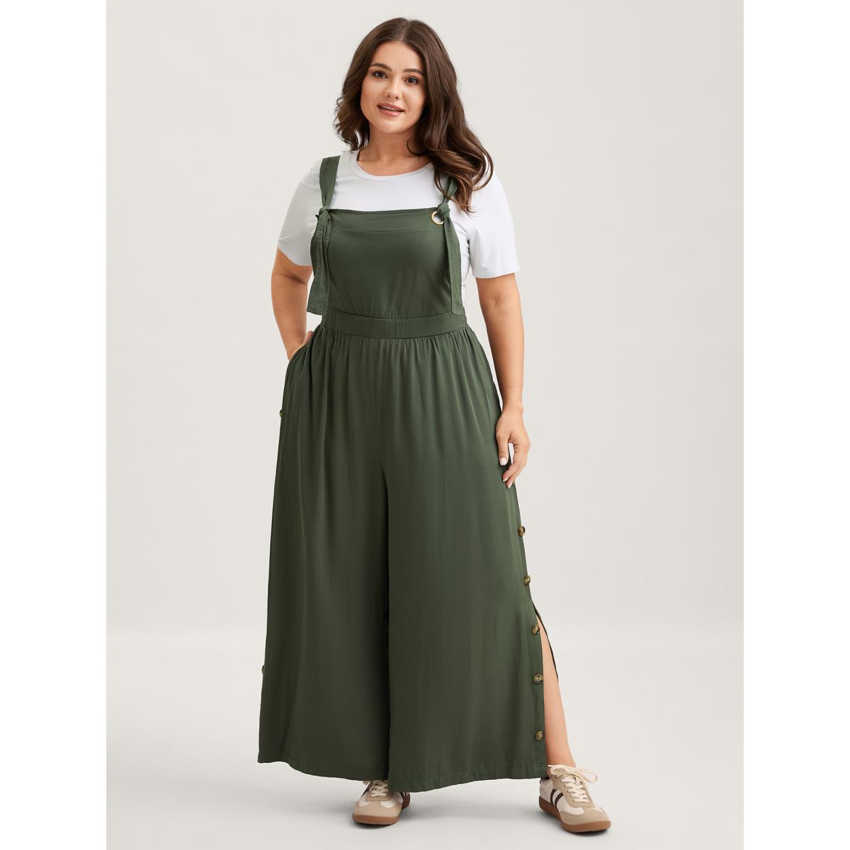 Plus Size ArmyGreen Rayon Adjustable Elastic Waist Slit Jumpsuit Women Sleeveless Non Casual Loose Jumpsuits BloomChic 18-20/2X Product Image