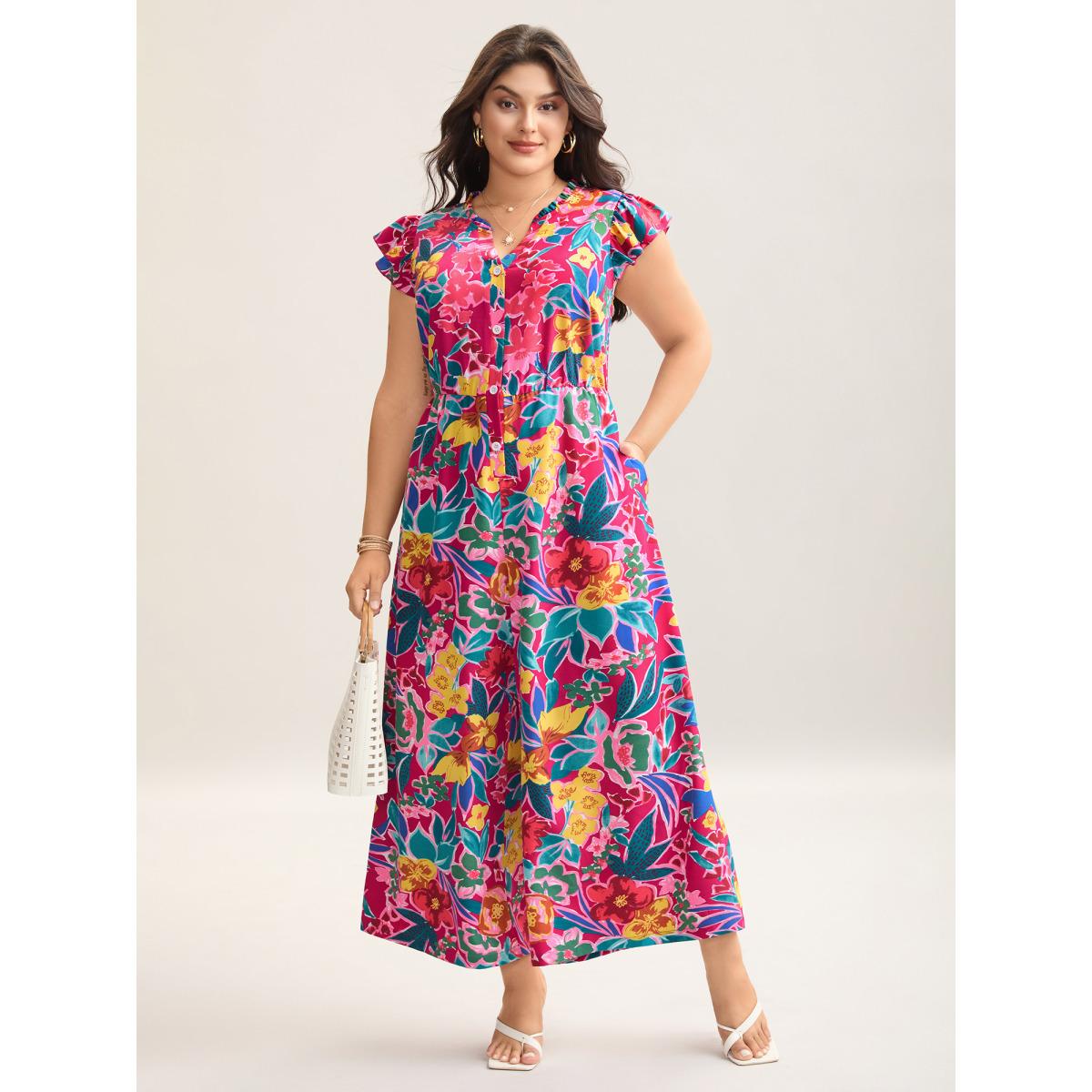 Plus Size RedViolet Sunkissed Floral Print Button Wide-Leg Jumpsuit Women Resort Cap Sleeve Notched collar Vacation Loose Jumpsuits BloomChic 30/6X Product Image