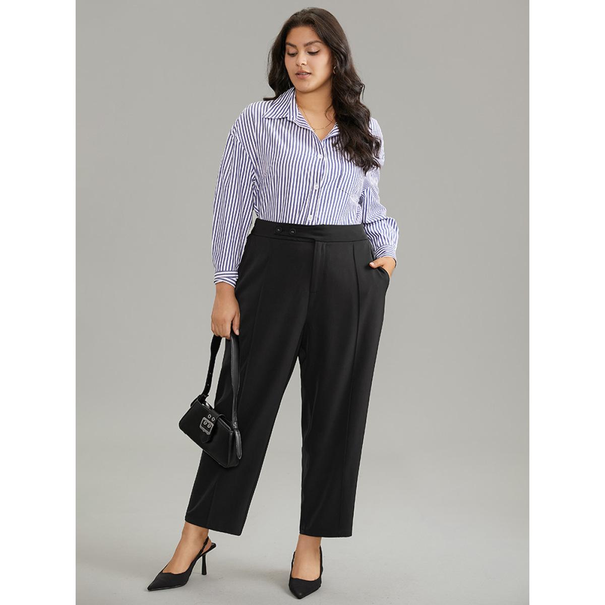 Plus Size Plain Elastic Waist Pleated Button Detail Pants Women Black Office High Rise Office Pants BloomChic 26/4X Product Image