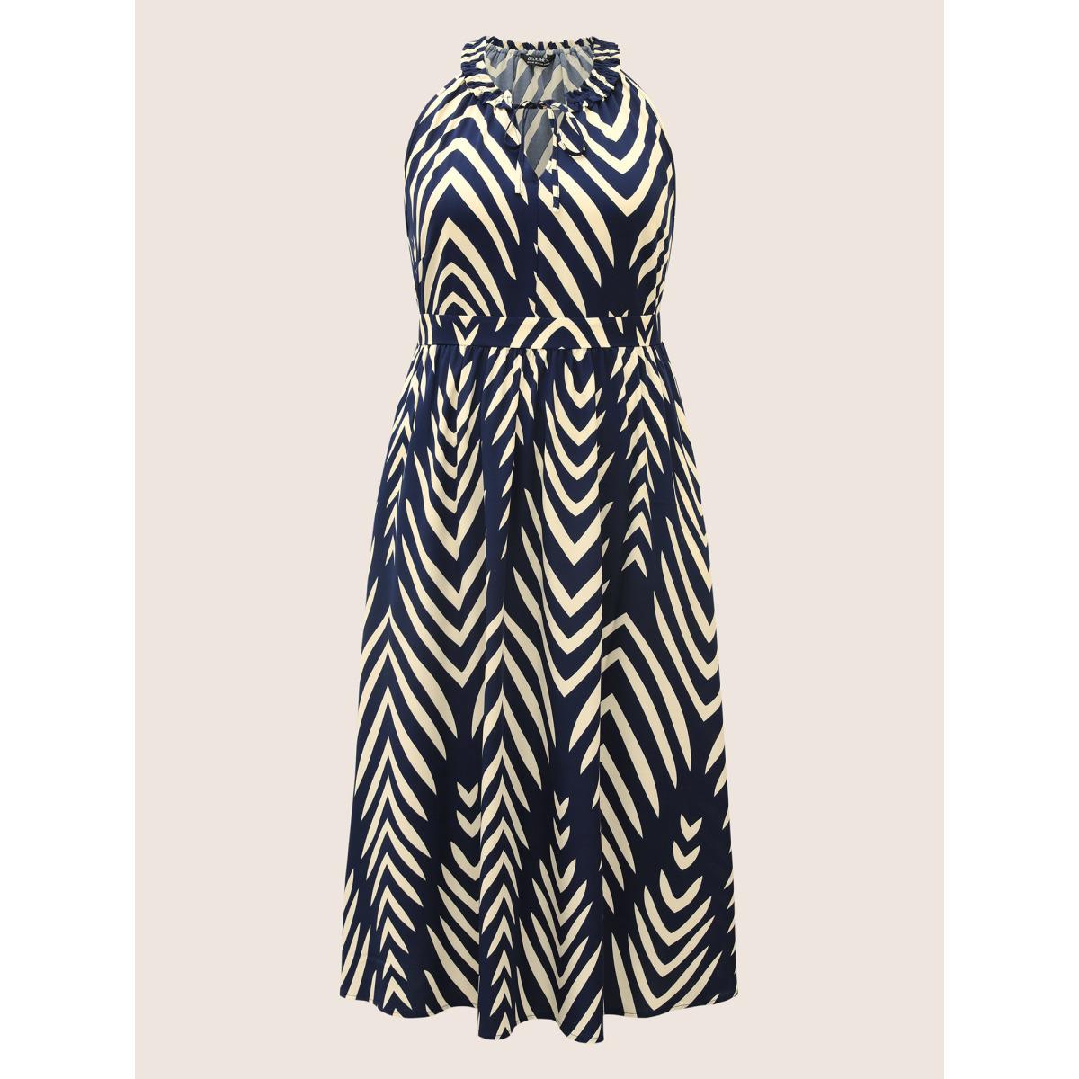 Plus Size Geometric Frill Trim Tie Knot Sleeveless Dress Navy Women At the Office Wraparound straps V-neck Sleeveless Curvy BloomChic 12/L Product Image