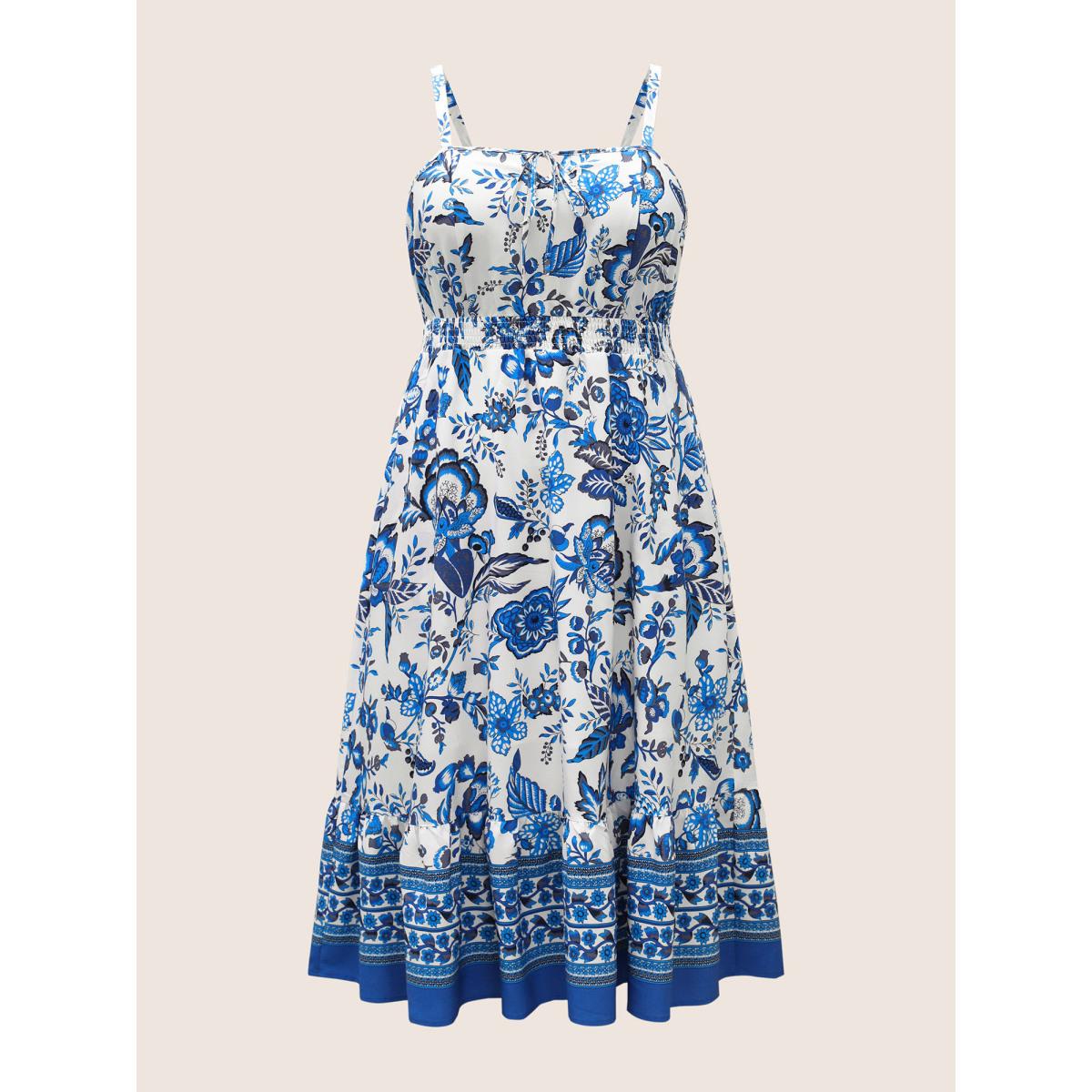 Plus Size Boho Print Tie Knot Shirred Cami Dress Blue Women Resort Tie knot Non Sleeveless Curvy Midi Dress BloomChic 14-16/1X Product Image