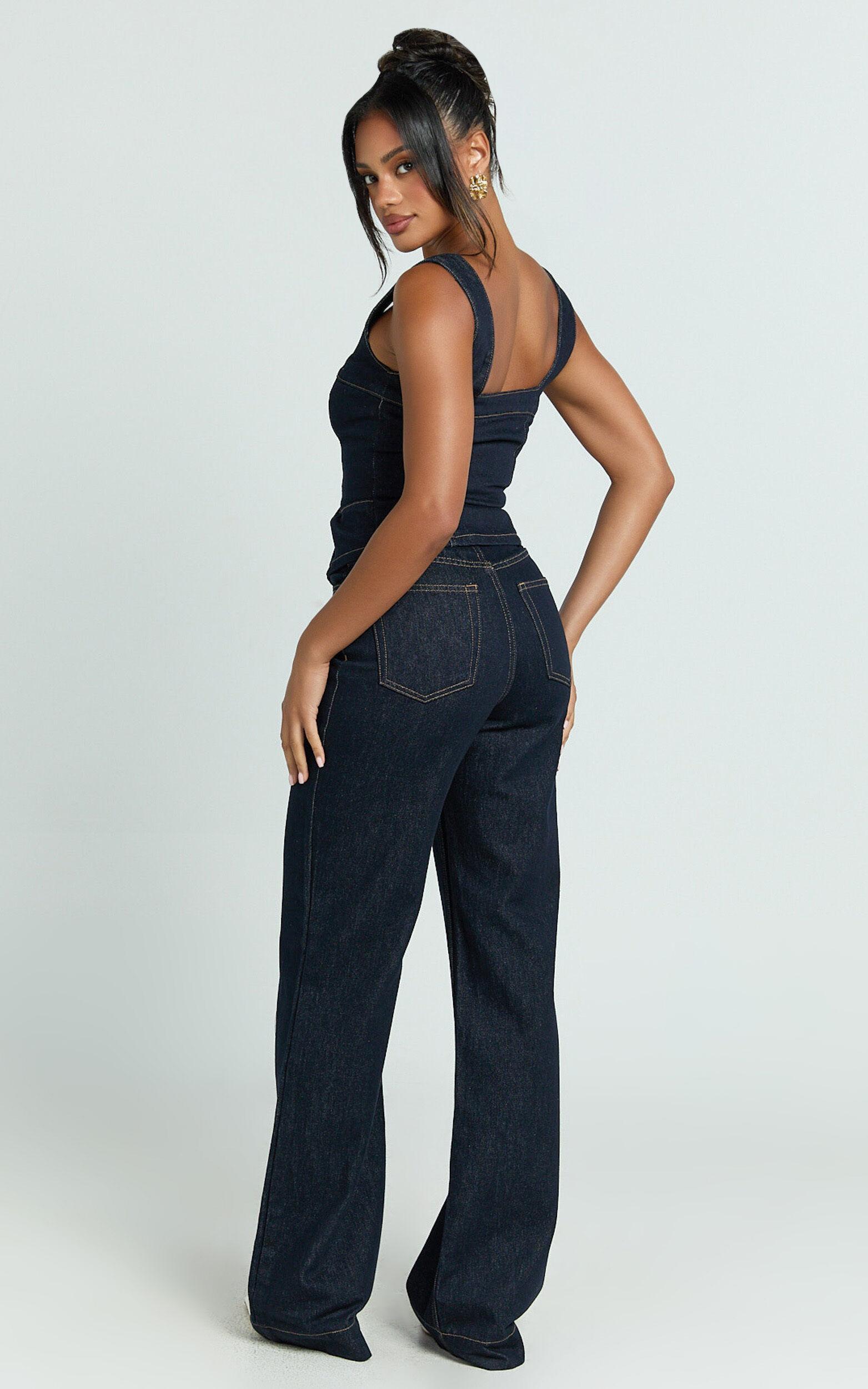 Emman Jeans - High Waisted Cotton Wide Leg Denim Jeans in Raw Denim with Tobacco Stitch Product Image