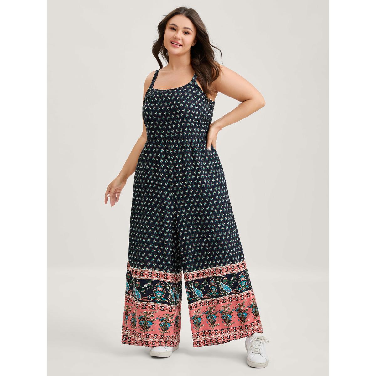 Plus Size Indigo Boho Contrast Cami Wide-Leg Jumpsuit Women Sleeveless Non Casual Loose Jumpsuits BloomChic 10/M Product Image