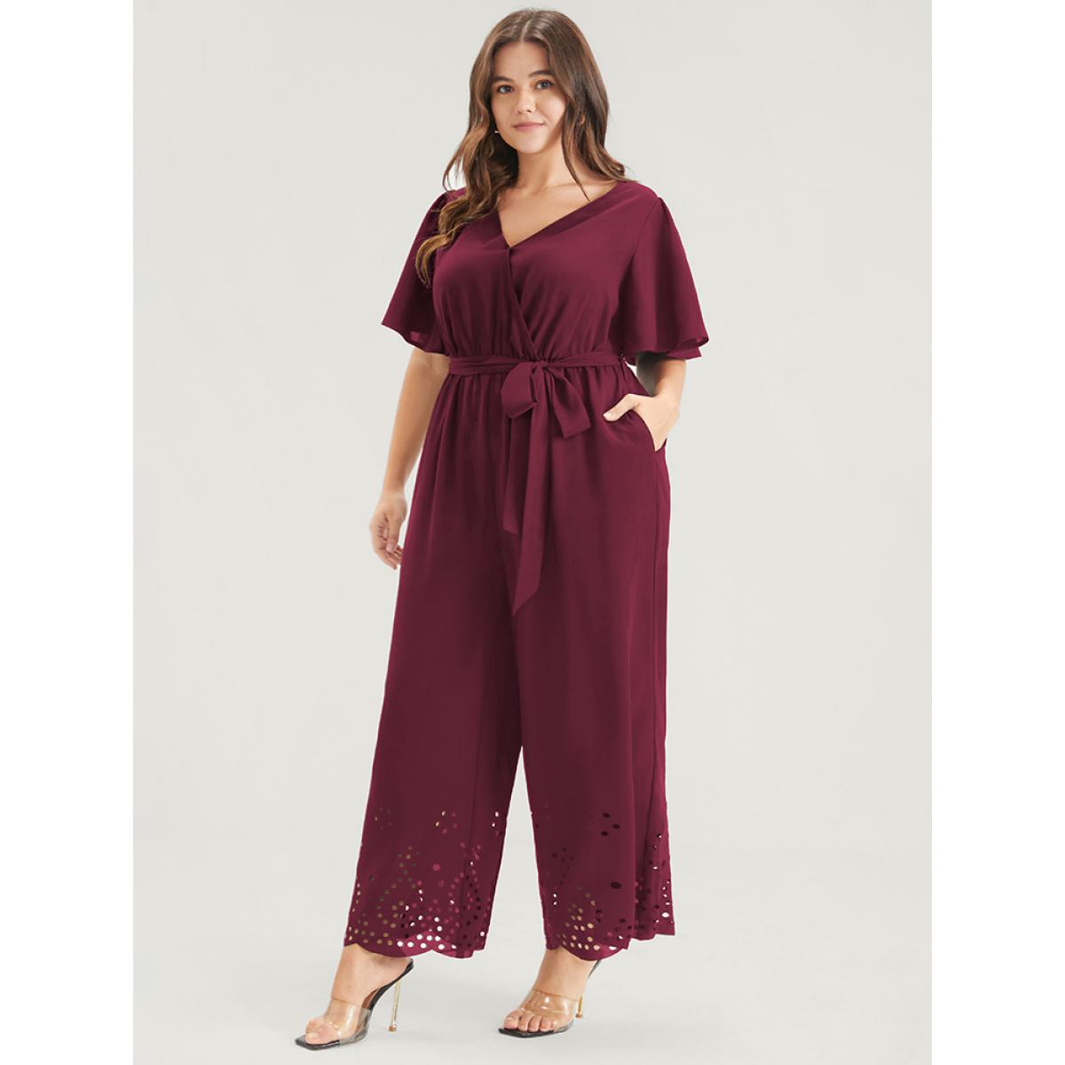 Plus Size Maroon Plain Scalloped Pocket Ruffles Button Belted Laser Cut Wrap Jumpsuit Women Elegant Short sleeve V-neck Dailywear Loose Jumpsuits BloomChic 30/6X Product Image