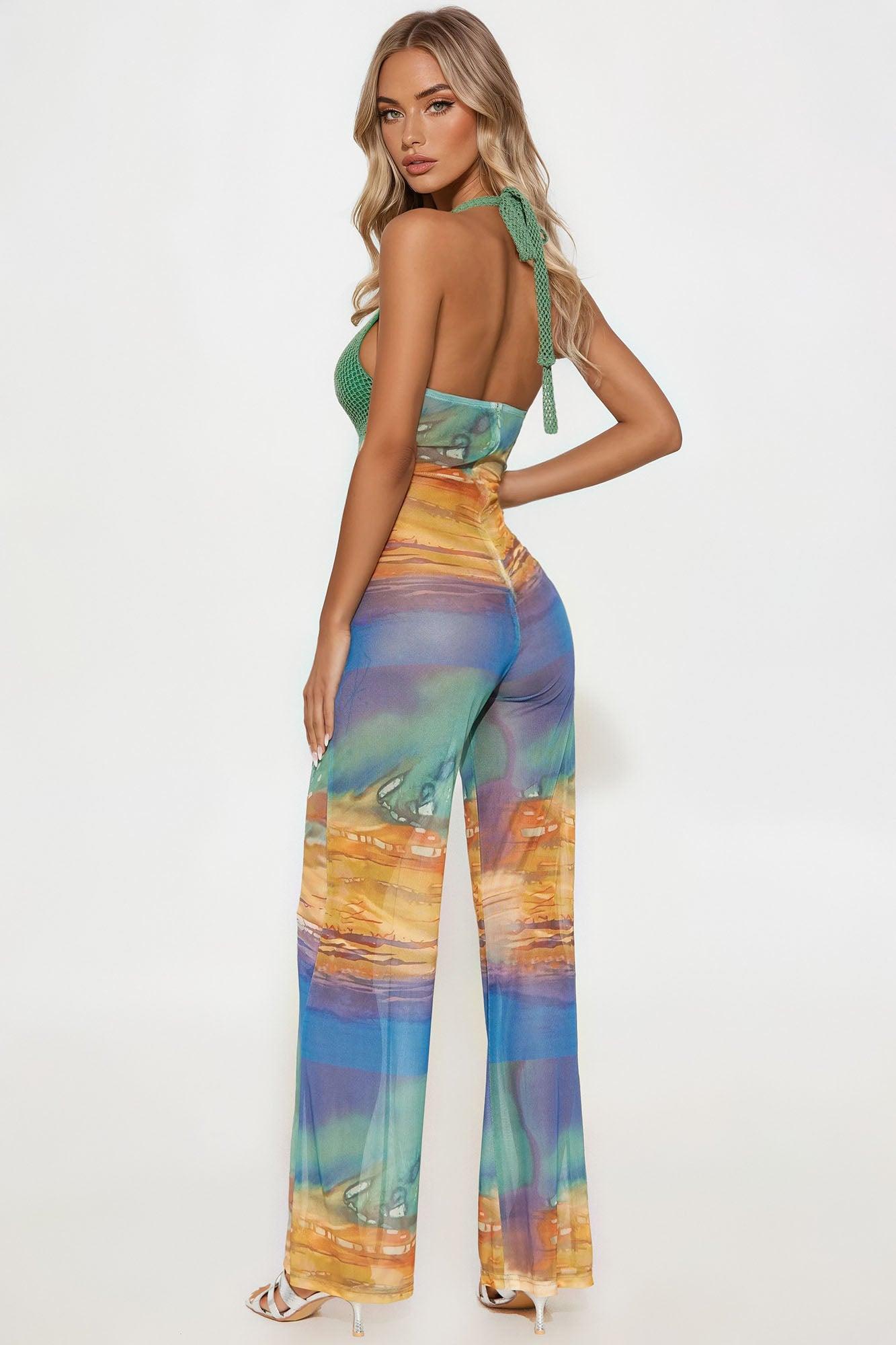 Sunshine Hours Mesh Halter Wide Leg Jumpsuit - Multi Color Female Product Image