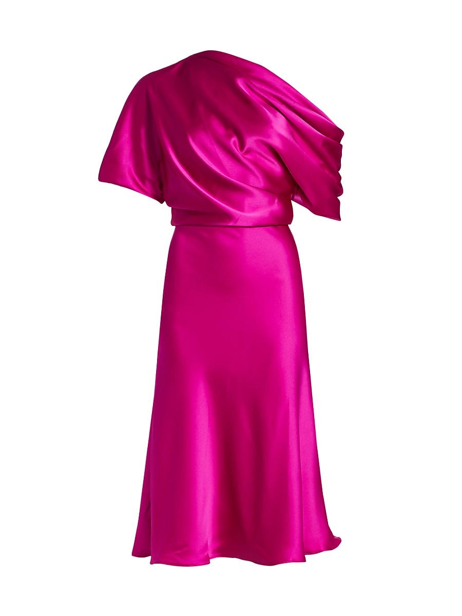 Womens Draped Satin One-Shoulder Midi-Dress Product Image
