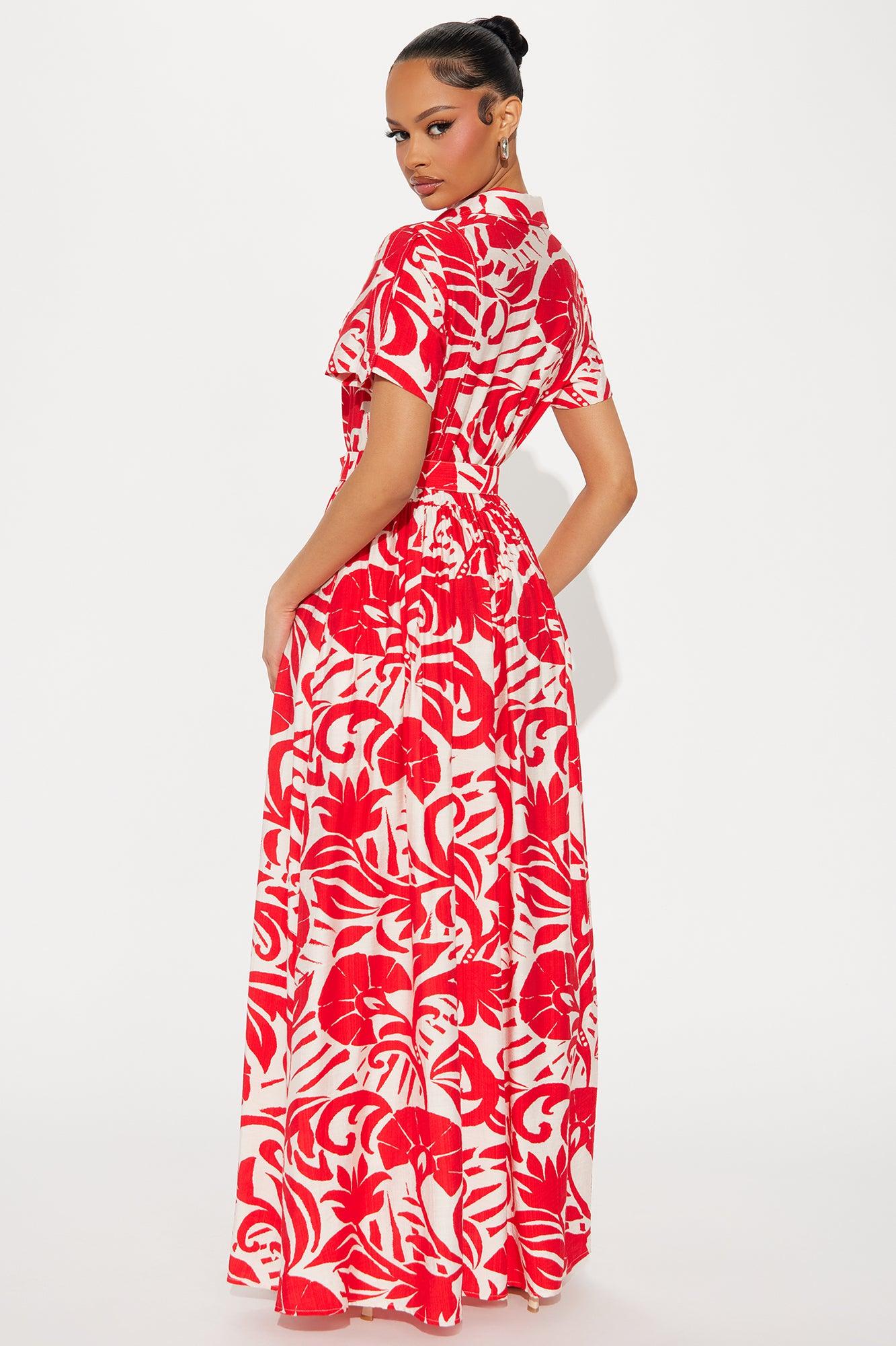 Out Of Office Printed Maxi Shirt Dress - Red/combo Product Image