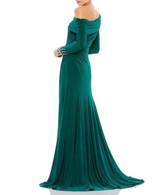 Mac Duggal Beaded Cuff Drop Shoulder Asymmetrical One Shoulder Long Sleeve Thigh High Slit Gown Product Image
