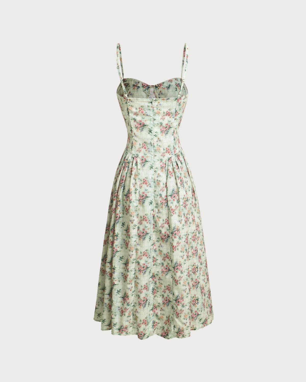 Green Floral Sweetheart Neck Pleated Slip Midi Dress Product Image