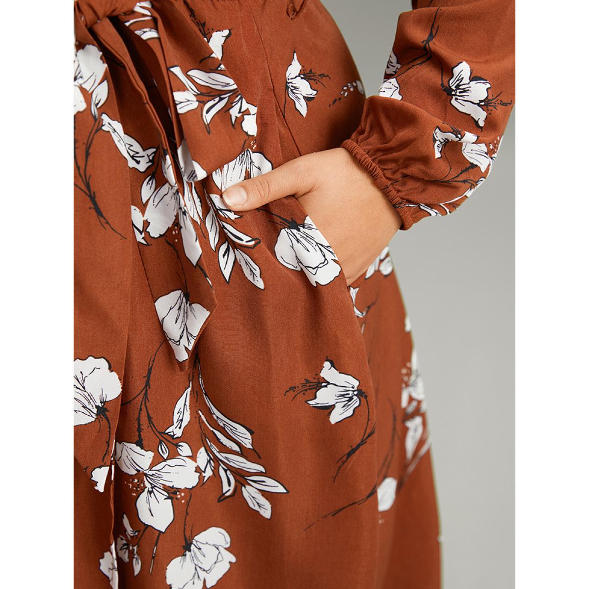 Plus Size Floral Print Wrap Hem Ties Dress Rust Women Elegant Elastic cuffs Overlap Collar Long Sleeve Curvy Midi Dress BloomChic 14-16/1X Product Image