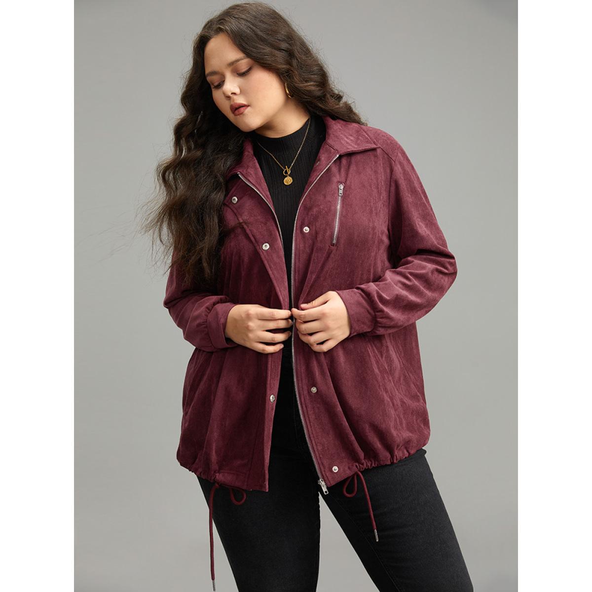Plus Size Plain Pocket Zipper Fly Drawstring Jacket Women Burgundy Plain Pocket Dailywear Jackets BloomChic 10/M Product Image