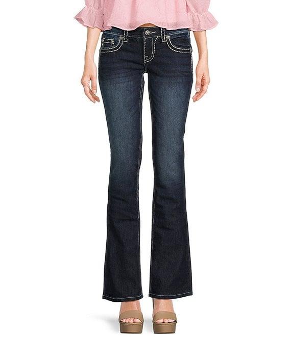 Miss Me Loose Saddle Border Stitch Flap Pocket Low Rise Bootcut Jeans Product Image