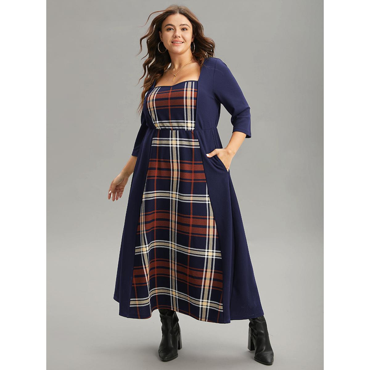 Plus Size Plaid Patchwork Contrast Square Neck Dress DarkBlue Women Casual Printed Square Neck Elbow-length sleeve Curvy Midi Dress BloomChic 28/5X Product Image