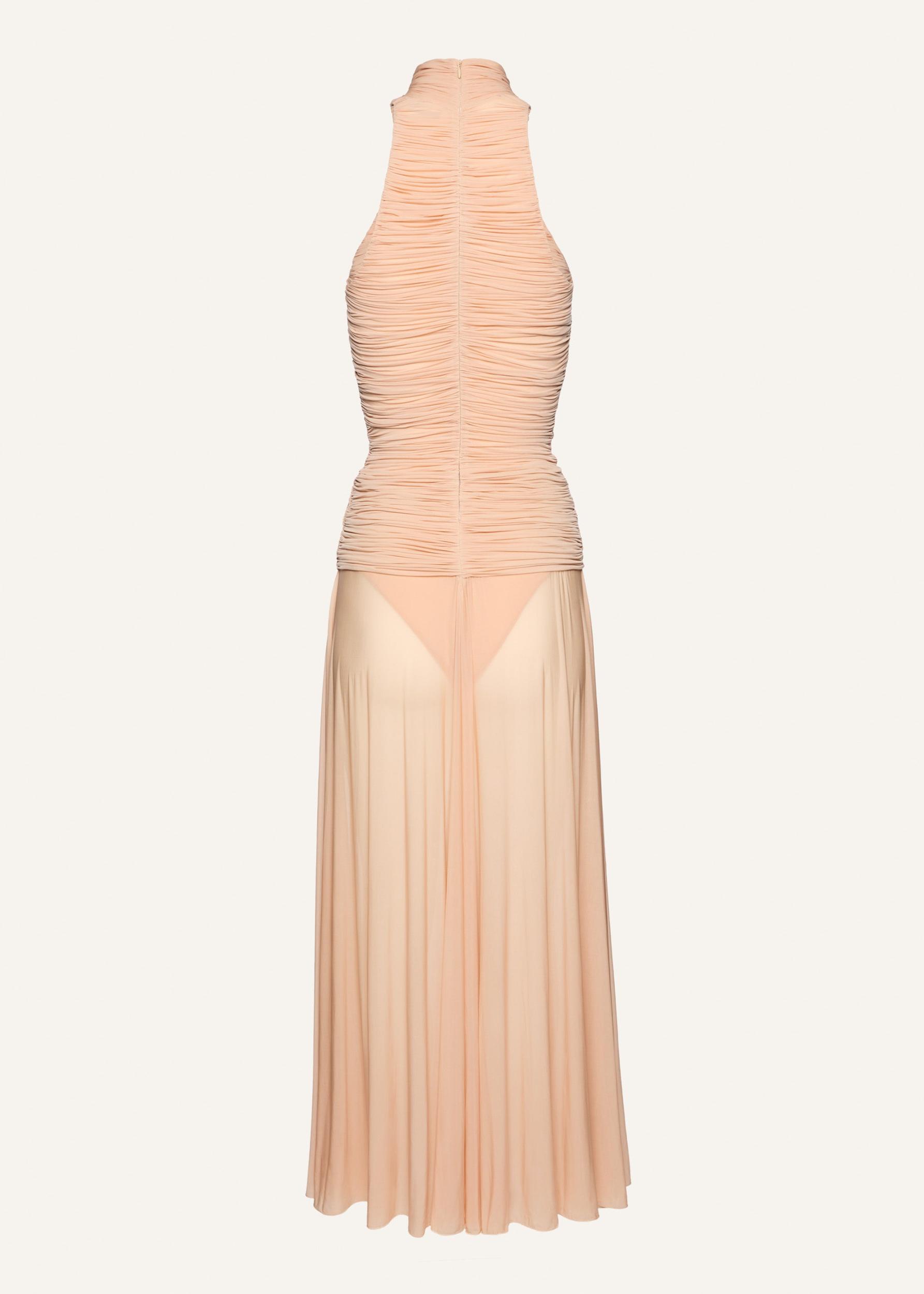 Ruched high neck midi dress in beige Product Image
