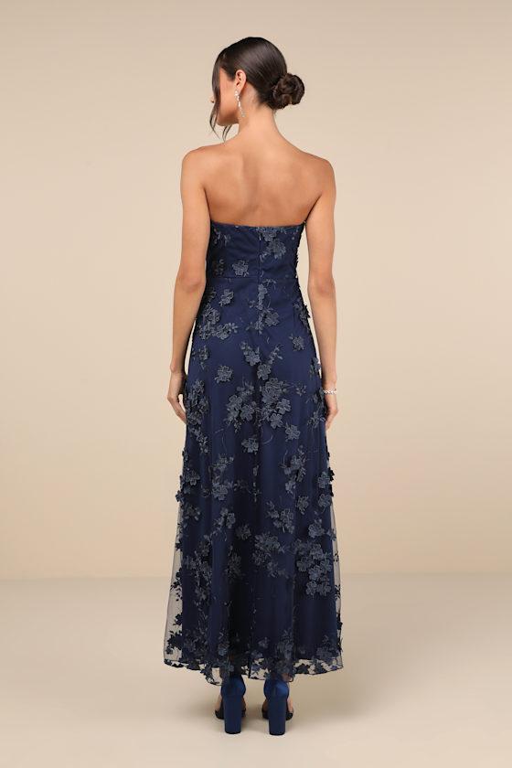 Rare Presence Navy Blue 3D Floral Embroidered Maxi Dress Product Image