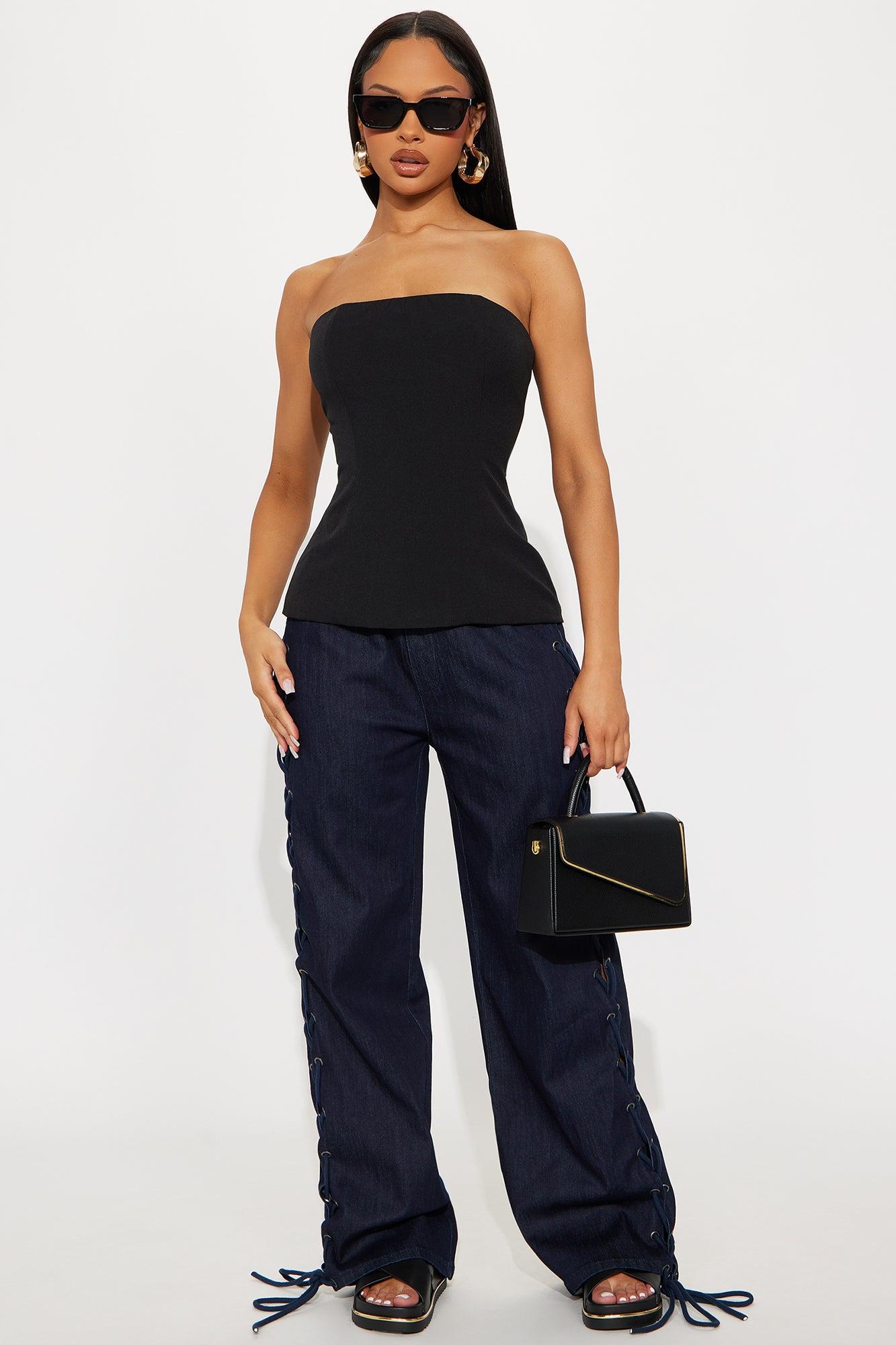 Lucky Laced Up Wide Leg Denim Jeans - Dark Wash Female Product Image