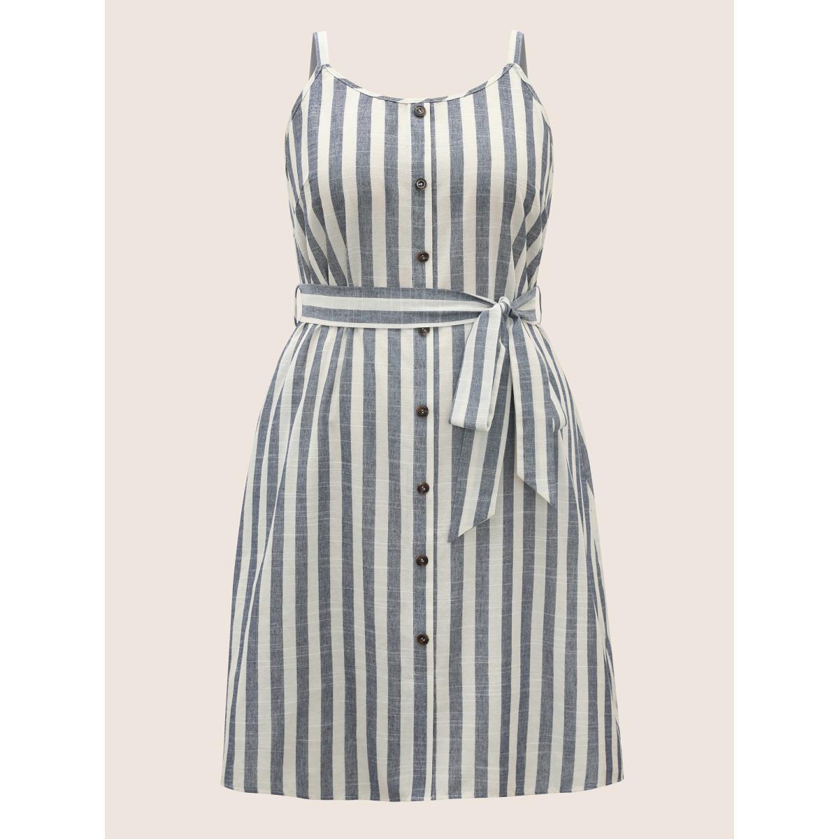 Plus Size Striped Button Detail Belted Cami Dress DarkBlue Women Casual Belted Non Sleeveless Curvy BloomChic 10/M Product Image