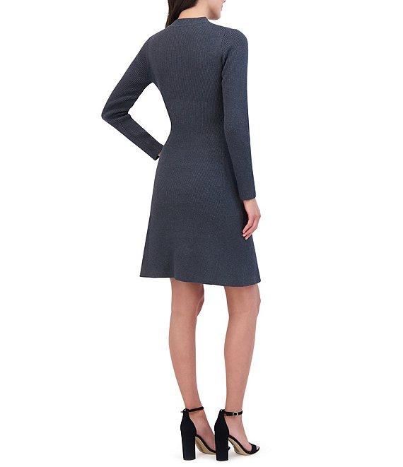 Vince Camuto Ribbed Sweater Knit Mock Neck Long Sleeve Ruched Stud Slit Hem Mini Bodycon Dress Product Image